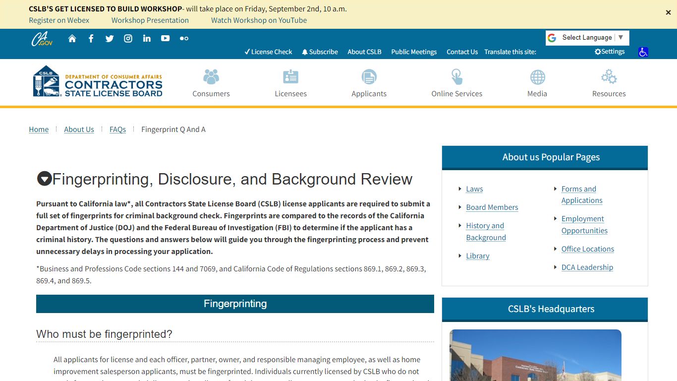 Fingerprinting, Disclosure, and Background Review - CSLB